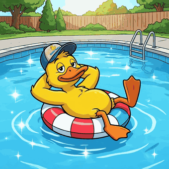 The Ducky Pools duck relaxing on a pool float